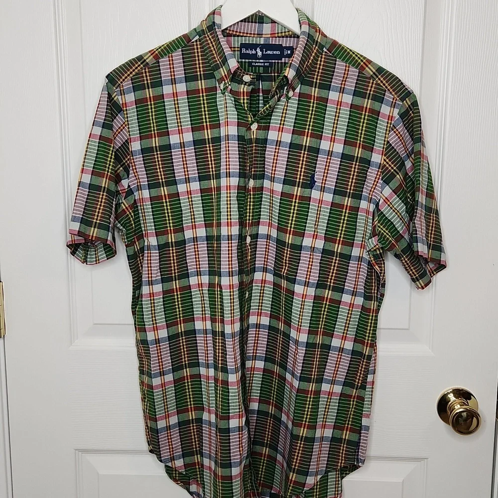 Men's Ralph Lauren classic fit short sleeve button-up shirt green plaid size med - Picture 1 of 6